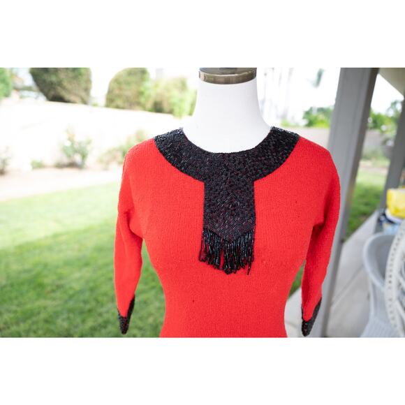 Gene Shelly's Boutique100% Red Wool Dress with Glass Beaded Design Size 8 - Picture 4 of 12